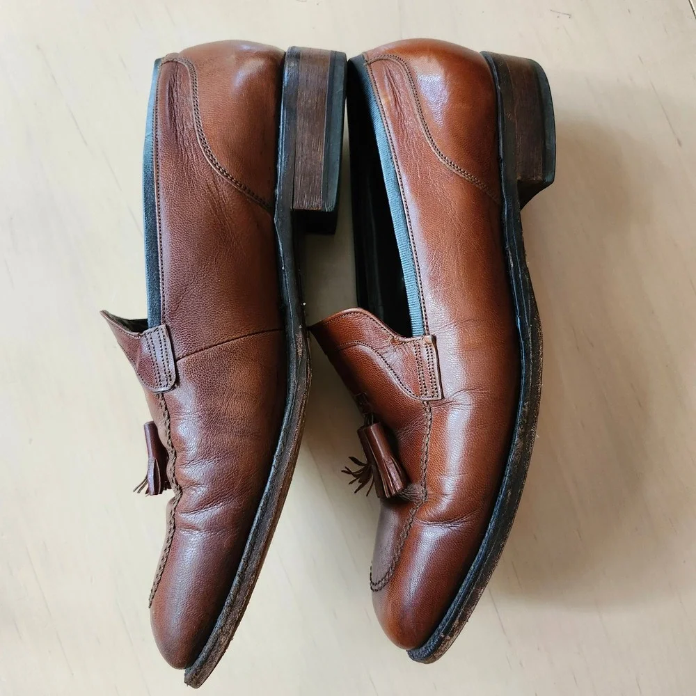 Vintage Florsheim Imperial Tassel Loafers Mens 10 USA Leather Cognac Brown